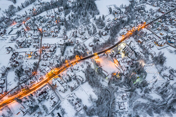 Winter in Zakopane. Snow Covered Town and Streets. Aerial Drone View