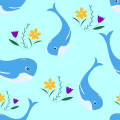 Sea seamless pattern with whales and flowers. Wallpaper with animals underwater world. Vector illustration for printing on fabric.