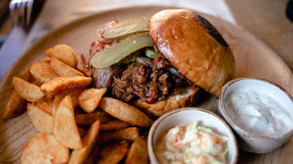 Juicy pulled pork.
