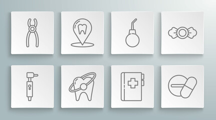 Set line Tooth drill, Dental clinic location, whitening concept, Clipboard with dental card, Medicine pill or tablet, Enema pear, Candy and pliers icon. Vector