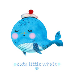 Watercolor cartoon baby whale in a sailor hat. Hand draw isolated illustration. © vikeriya