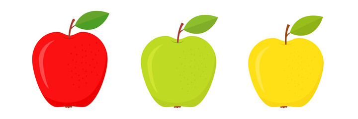 Set of red, green and yellow apples. Fresh color fruits collection. Healthy food concept. Vector illustration isolated on white.