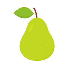 Green pear. Sweet cute flat pear with leaf. Vector isolated on white.