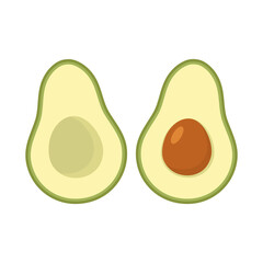 Avocado fruit set. Two halves avocado. Vector isolated on white.