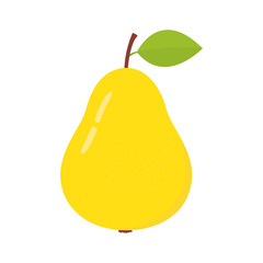 Yellow pear. Sweet cute flat pear with green leaf. Vector isolated on white.
