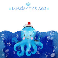 Watercolor cartoon octopus in a sailor hat under the sea. Hand draw isolated illustrations. - 482393124