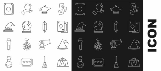 Set line Circus tent, Witch hat, Playing cards, Magic lamp or Aladdin, ball, Ancient magic book and stone icon. Vector