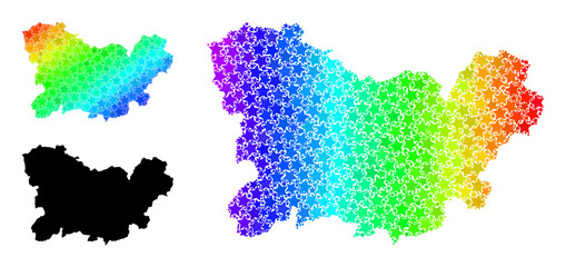 Spectral gradient star mosaic map of Ourense Province. Vector colorful map of Ourense Province with spectral gradients. Mosaic map of Ourense Province collage is created with random color star items.