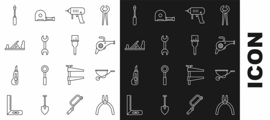 Set line Pliers tool, Wheelbarrow, Leaf garden blower, Electric drill machine, Wrench spanner, Wood plane, Screwdriver and Paint brush icon. Vector