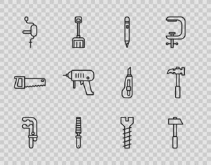 Fototapeta premium Set line Clamp tool, Hammer, Pencil with eraser, Chisel for wood, Hand drill, Electric machine, Metallic screw and Claw hammer icon. Vector