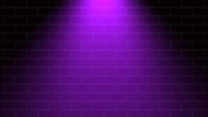 Empty brick wall with purple neon spotlight with copy space. Ligh effect purple color glow on brick wall background. Royalty high-quality free stock photo of lights blank background for design