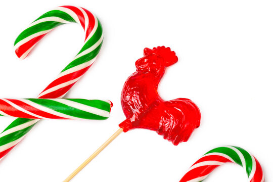 Rooster shape lollipop isolated on white background - rooster candy (Turkish name; horoz sekeri)