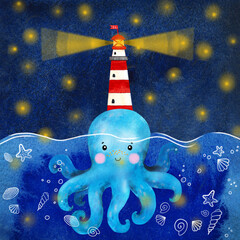 Watercolor cartoon octopus in a sailor hat and lighthouse. Under the sea on a starry night. Hand draw isolated illustrations. - 482393751
