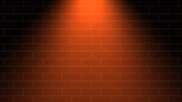 Empty brick wall with orange neon spotlight with copy space. Ligh effect orange color glow on brick wall background. Royalty high-quality free stock photo of lights blank background for design
