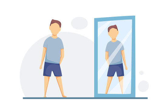 A man looks at his reflection in a full-length mirror. Love yourself, self care, self acceptance concept. Vector cartoon illustration.
