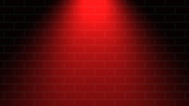 Empty brick wall with red neon spotlight with copy space. Ligh effect red color glow on brick wall background. Royalty high-quality free stock photo of lights blank background for design