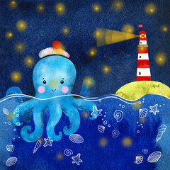 Watercolor cartoon octopus in a sailor hat and lighthouse. Under the sea on a starry night. Hand draw isolated illustrations. - 482393985