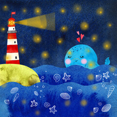 Watercolor cartoon baby whale in a sailor hat and lighthouse. Under the sea on a starry night. Hand draw isolated illustrations. - 482394103