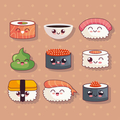 nine cute sushi kawaii icons