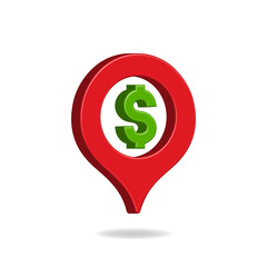 Dollar sign with maps pin. Money location marker 3d style icon isolated. Vector illustration