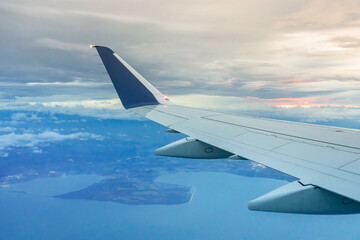 Airplane wing over Seattle Mountains, United States of America