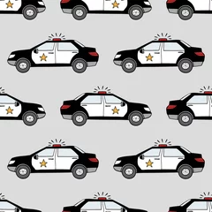 Selbstklebende Fototapete Autorennen Hand drawn police cars seamless vector pattern. Perfect for textile, wallpaper or print design. 