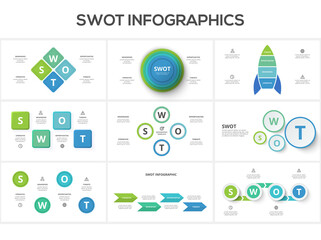 Set swot diagram with 4 steps, options, parts or processes. Threats, weaknesses, strengths, opportunities of the company