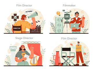Film director concept set. Movie maker leading a filming process. Clapper - obrazy, fototapety, plakaty