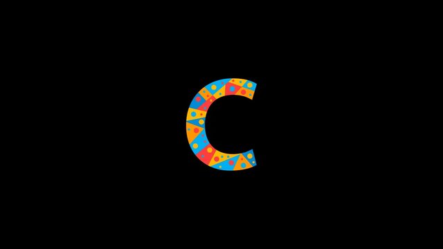 Letter C. Animated unique font made of circles and triangles, polygons. Geometric mosaic bright colors. Letter C for icons, logos, interface elements. Alpha channel transparent background, 4K