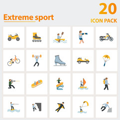Extreme Sport icon set. Collection of simple elements such as the atv, roller skate, rafting, ice skating, go kart, paintball, boxing.