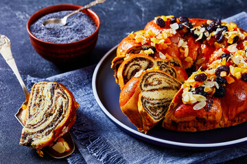 sweet bread wreath sprinkled with fruits and nuts