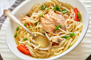 chicken noodle soup with carrots and scallion