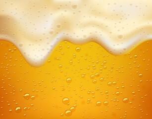 Lager, realistic background golden craft beer with foam and bubbles. - obrazy, fototapety, plakaty