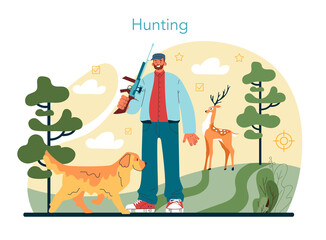 Hunter. Man with a weapon hunting in a woods with a dog. Hunting sport