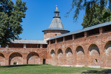Zaraysk, Russia - July 6, 2021: The tower of the Zaraisk Kremlin fortress in the historical center of Zaraisk in the summer