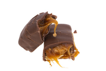 chocolate bar with caramel and nuts isolated