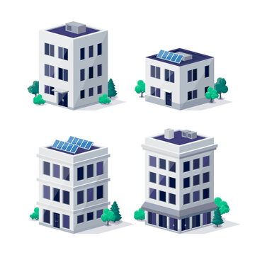 Residence apartment house city urban old town historic office home buildings illustrations in 3d dimetric isometric view. Suburban hotel building with solar panels. Isolated vector illustration.