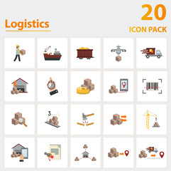 Logistics icon set. Collection of simple elements such as the delivery man, cargo barge, cargo train, dimensions, cargo tracking, parcel inspection, air freight.