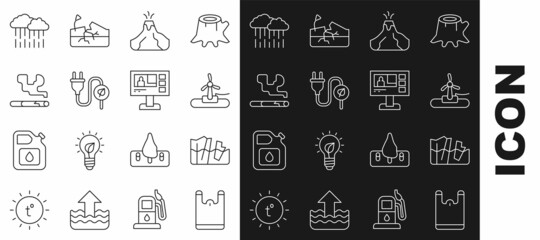 Set line Plastic bag, Glacier melting, Wind turbine, Volcano eruption with lava, Electric saving plug leaf, Cigarette, Cloud rain and Television report icon. Vector