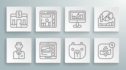 Set line Trader, Website with growth graph, Trading courses, Bear market, Mobile stock trading, Computer, Stocks graphs and Bank building icon. Vector