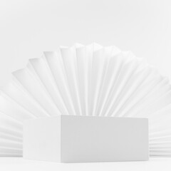 White scene mockup with single rectangle box podium for presentation, show and display of product, goods with soft light asian ribbed paper fan as decor in simplicity trendy style, corner, 3d, square.
