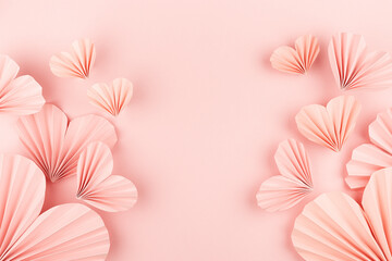 Sweet love Valentine day background with pink paper hearts of asian fans in modern fashion style fly on cute soft light pastel pink backdrop, sideways border, frame, copy space, top view.