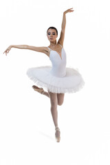Ballet Concepts. Professional Japanese Female Ballet Dancer Posing in White Tutu With Lifted Hands...