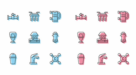 Set line Bucket, Water tap, Industry pipe and valve, supply pipes, filter, Toilet bowl and icon. Vector