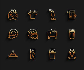 Set line Hanger wardrobe, Clothes pin, Sponge, Trash can, Cleaning lady service, Washing dishes, Full trash and table icon. Vector