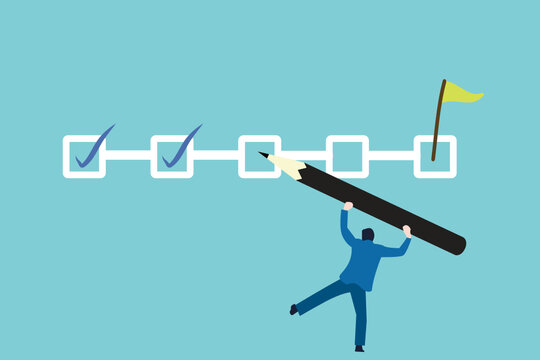 Project tracking, goal tracker, task completion or checklist to remind project progress concept, businessman project manager holding big pencil to check completed tasks in project management timeline.