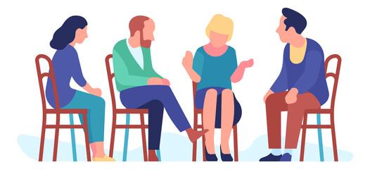 Addiction treatment session. People discussion in psychological group