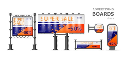 Advertising boards. Realistic signboards group. Different types of stands and lightboxes. Illuminated roadside object. Sale and special offer banners. 3D signage. Vector billboards set