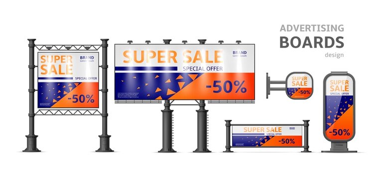 Advertising boards. Realistic signboards group. Different types of stands and lightboxes. Illuminated roadside object. Sale and special offer banners. 3D signage. Vector billboards set