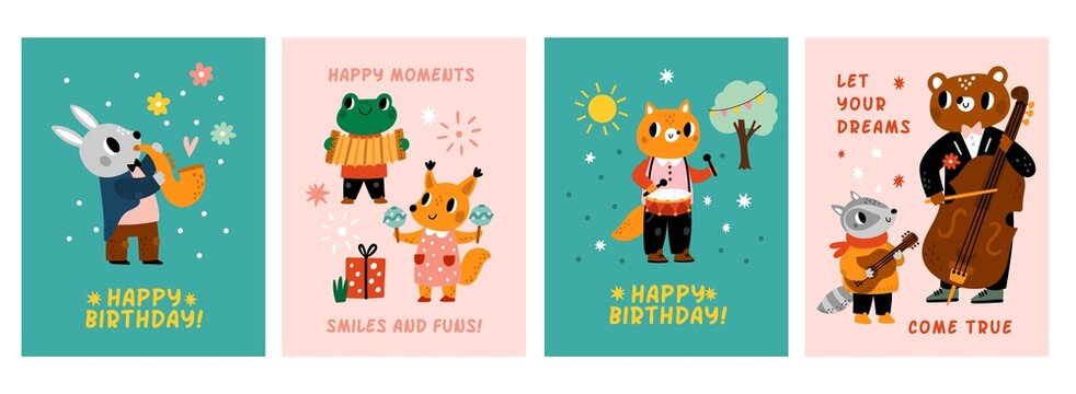 Birthday posters with cute animals. Holiday greeting card. Forest musicians with different instruments. Zoo jazz band. Happy orchestra performers play music. Vector festive banners set